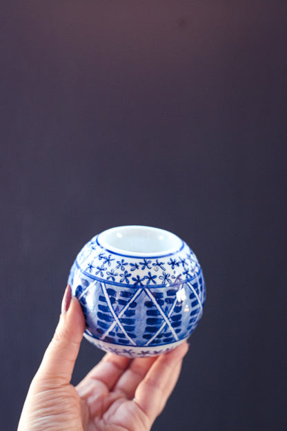 Hand Painted Blue & White Ceramic Globe Votive Candle Holder - Vintage Porcelain Candle Holder