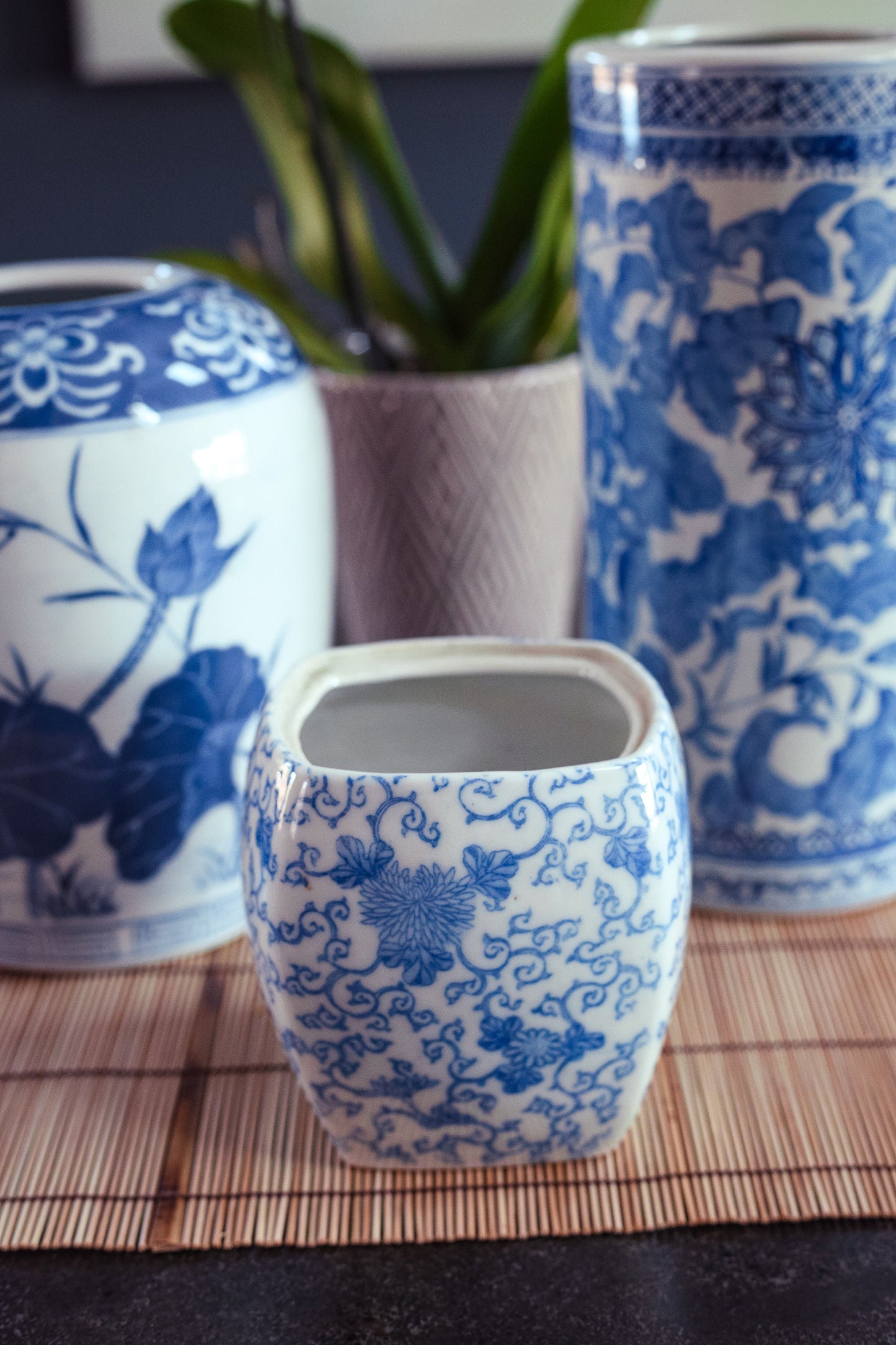 Blue White Ceramic Vase with Lotus Pattern - Vintage Blue & White Rounded Square Transfer ware Vase