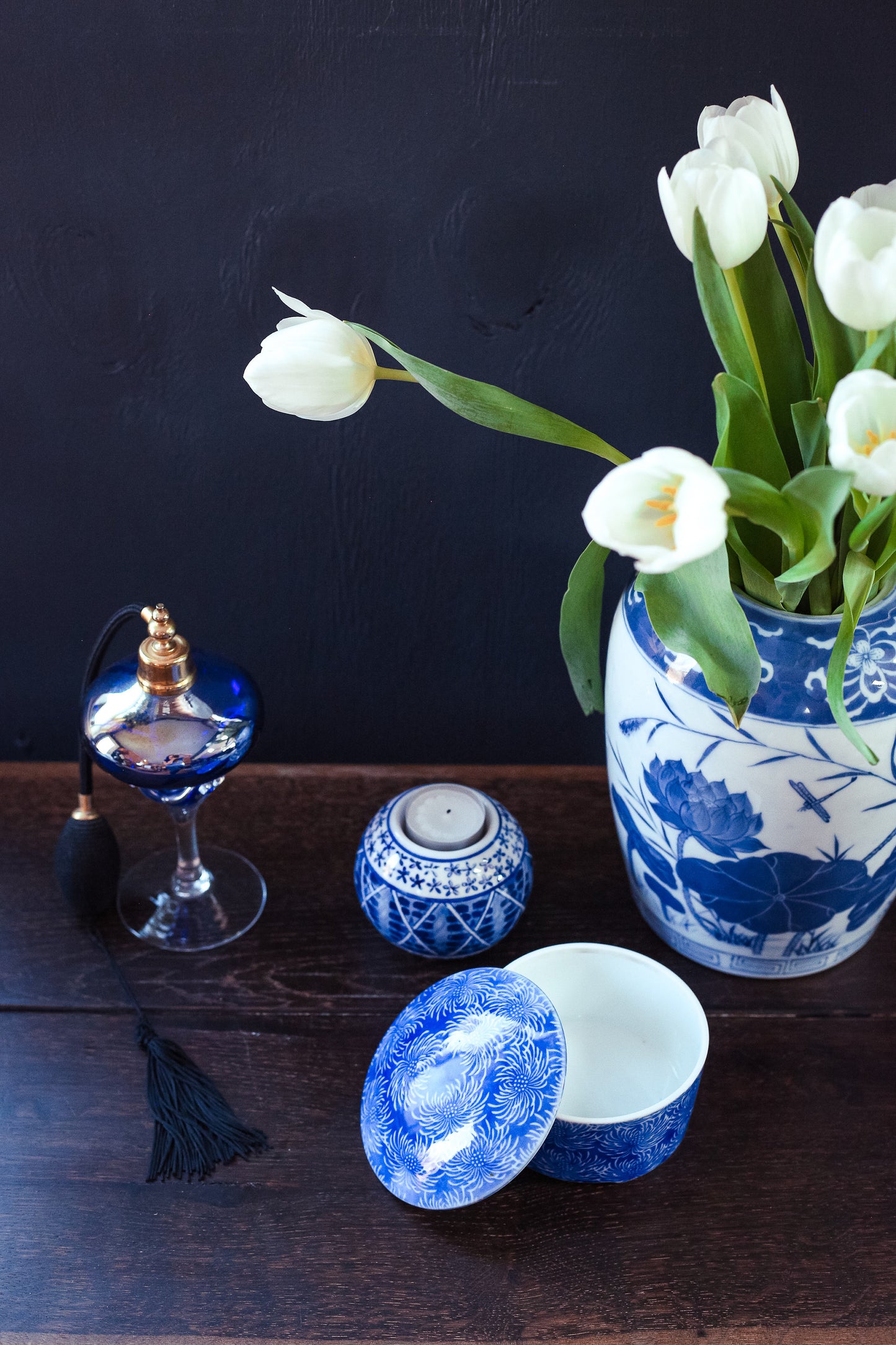 Hand Painted Blue & White Ceramic Globe Votive Candle Holder - Vintage Porcelain Candle Holder