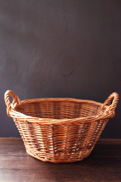Two Tone Wicker and Branch Basket with Round Flat Bottom and Side Handles - Vintage Rustic Farmhouse Basket