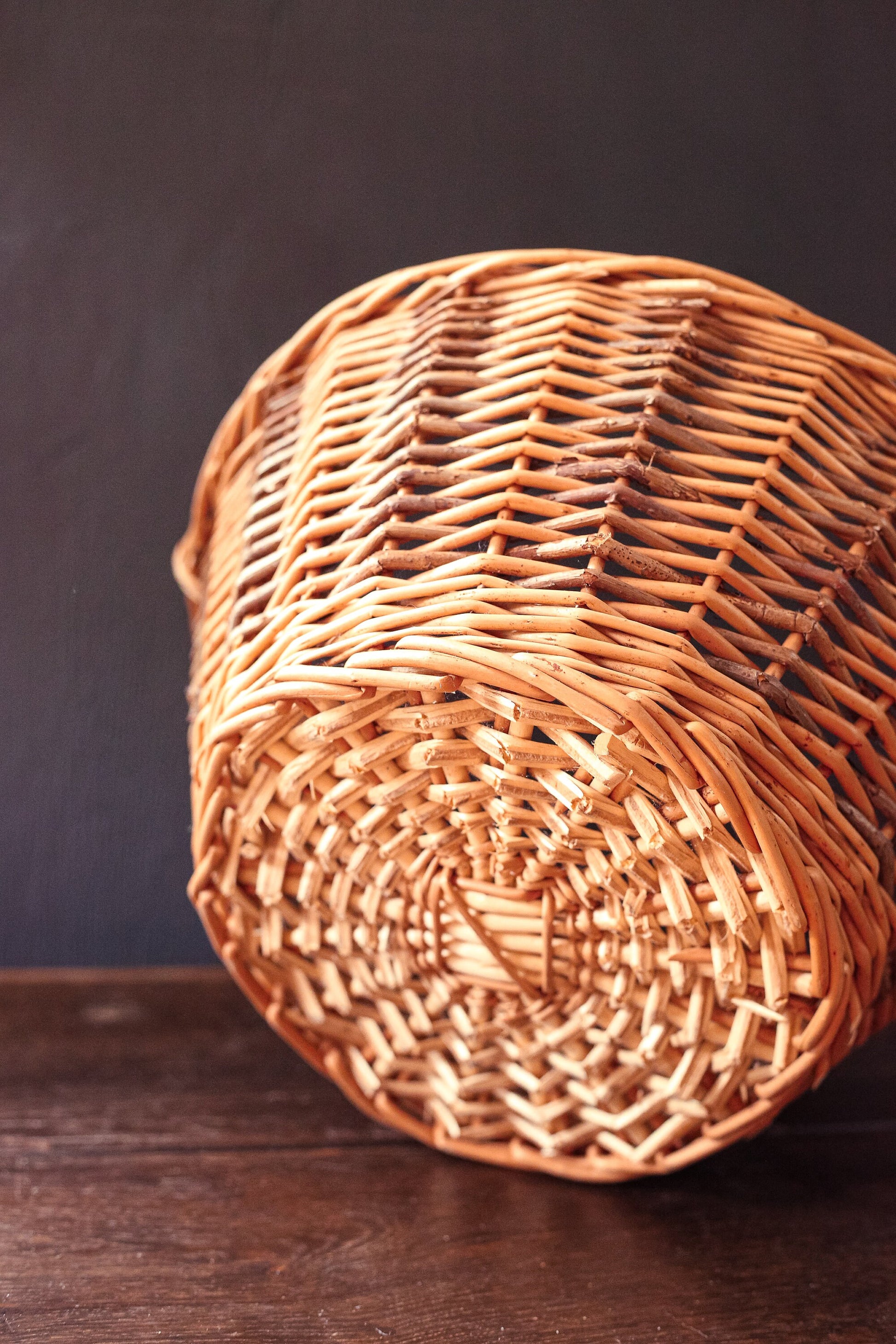 Two Tone Wicker and Branch Basket with Round Flat Bottom and Side Handles - Vintage Rustic Farmhouse Basket