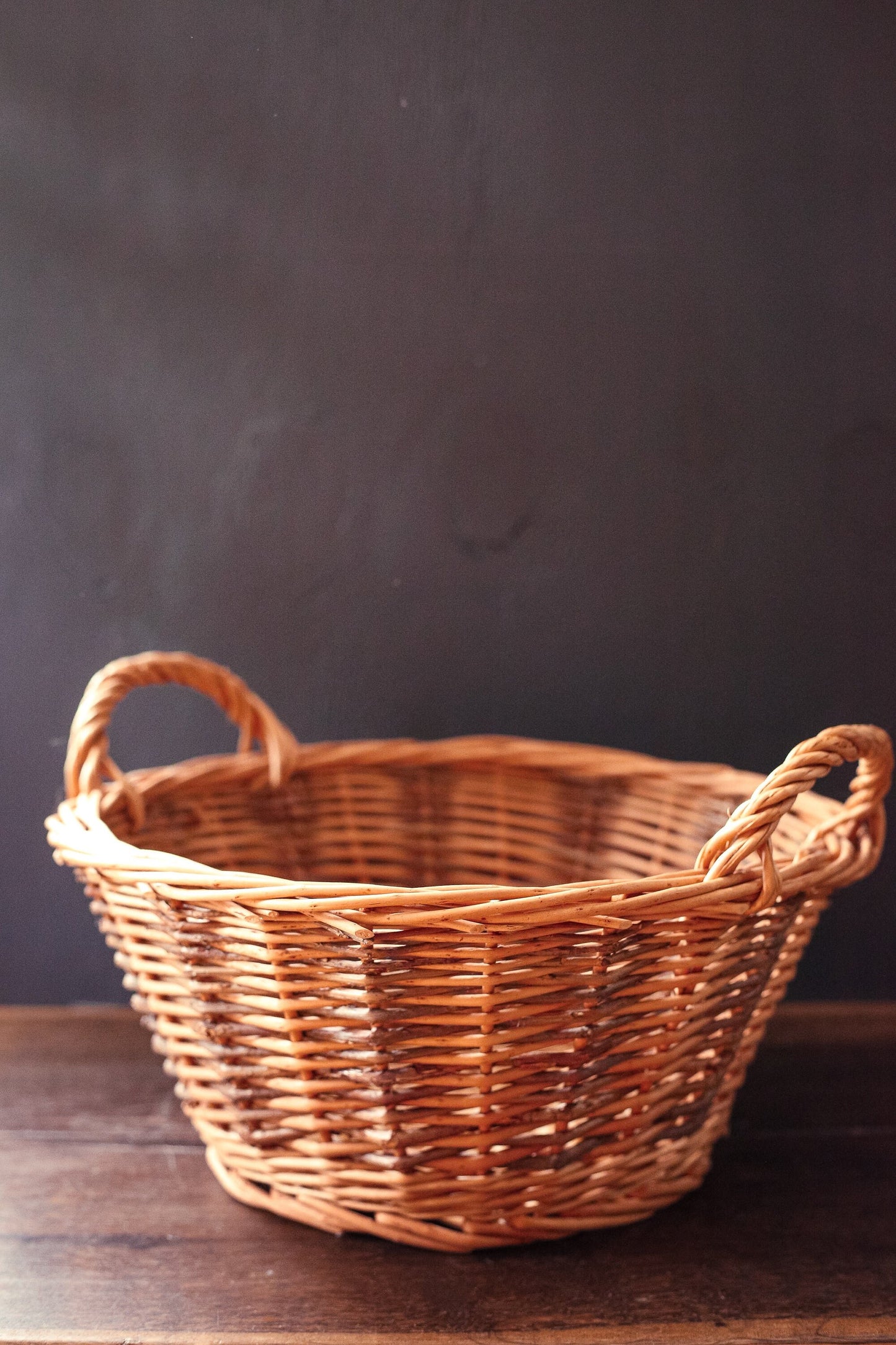 Two Tone Wicker and Branch Basket with Round Flat Bottom and Side Handles - Vintage Rustic Farmhouse Basket