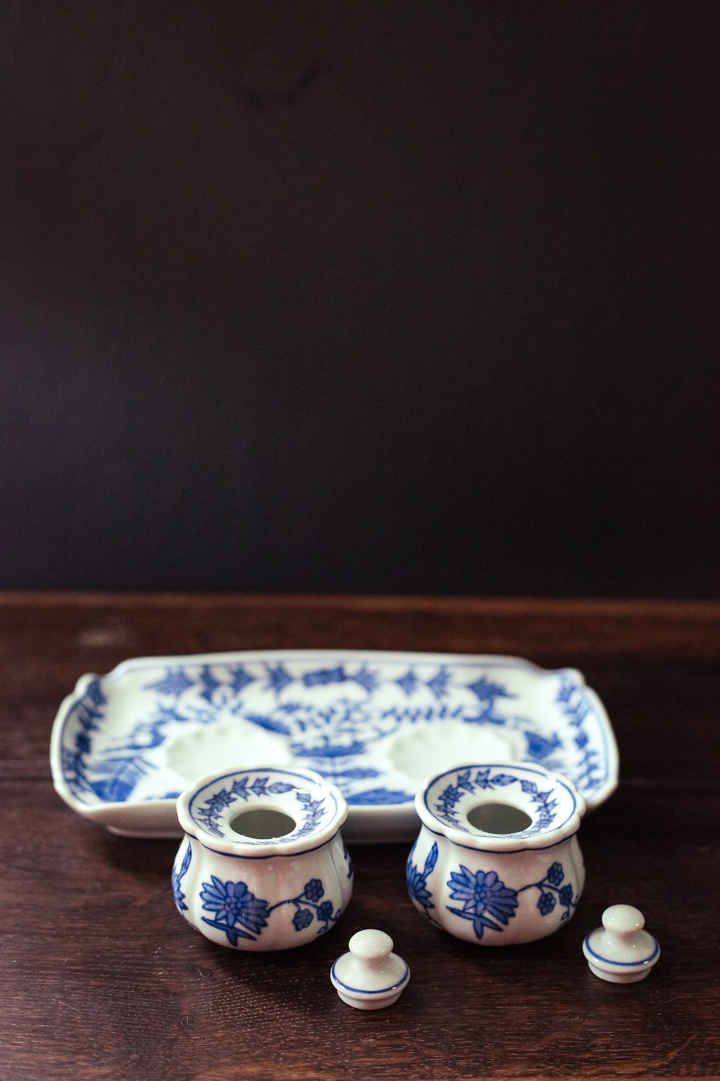 Blue Onion Ceramic Salt Pepper Serving Tray with Containers & Lids - Vintage Blue White Porcelain Tableware