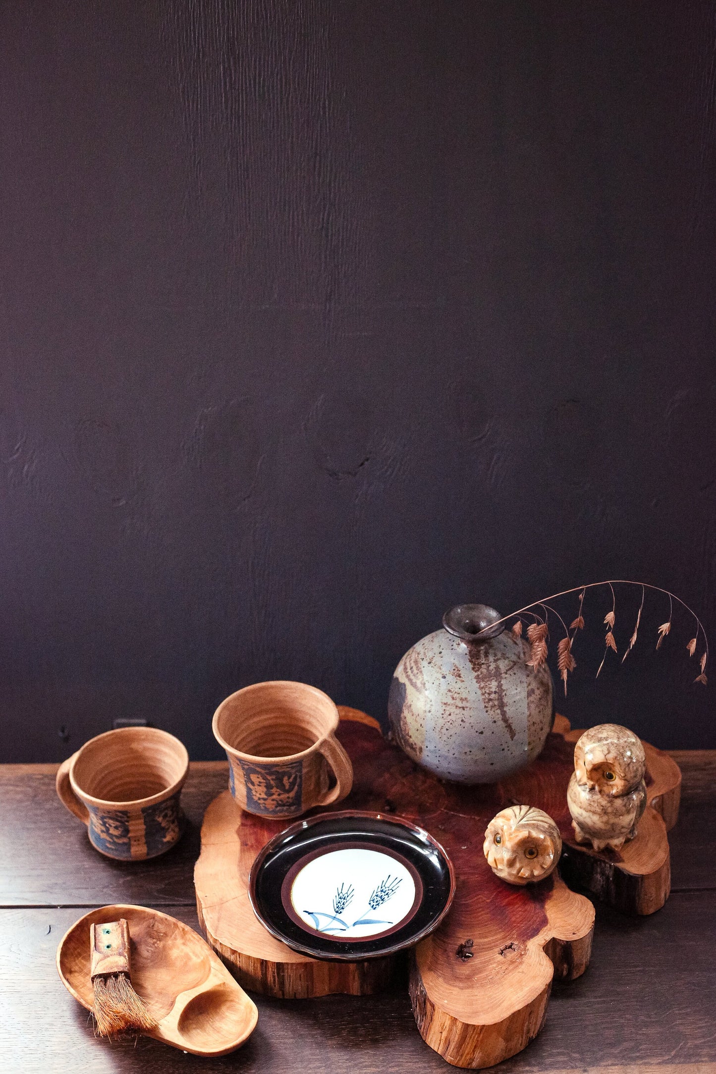 Carved Divided Wood Bowl and Brush