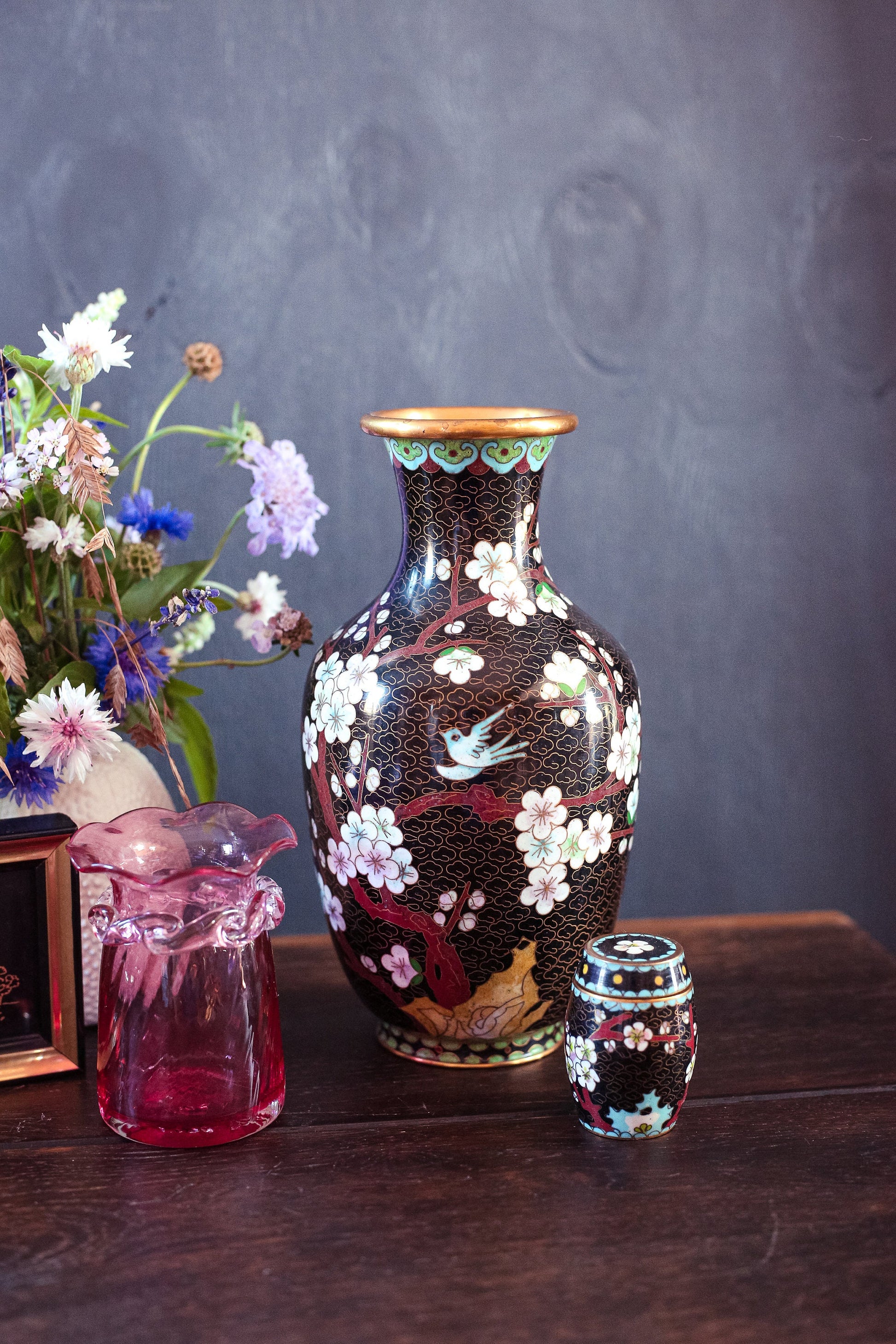 Cloisonné Vase and Match Holder - Vintage Colorful Floral Chinese Cloisonné