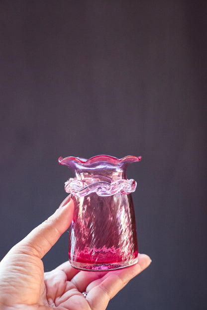 Small Cranberry Glass Vase with Ruffled Edge - Vintage Studio Art Glass Vase by Pilgrim Glass Made in USA