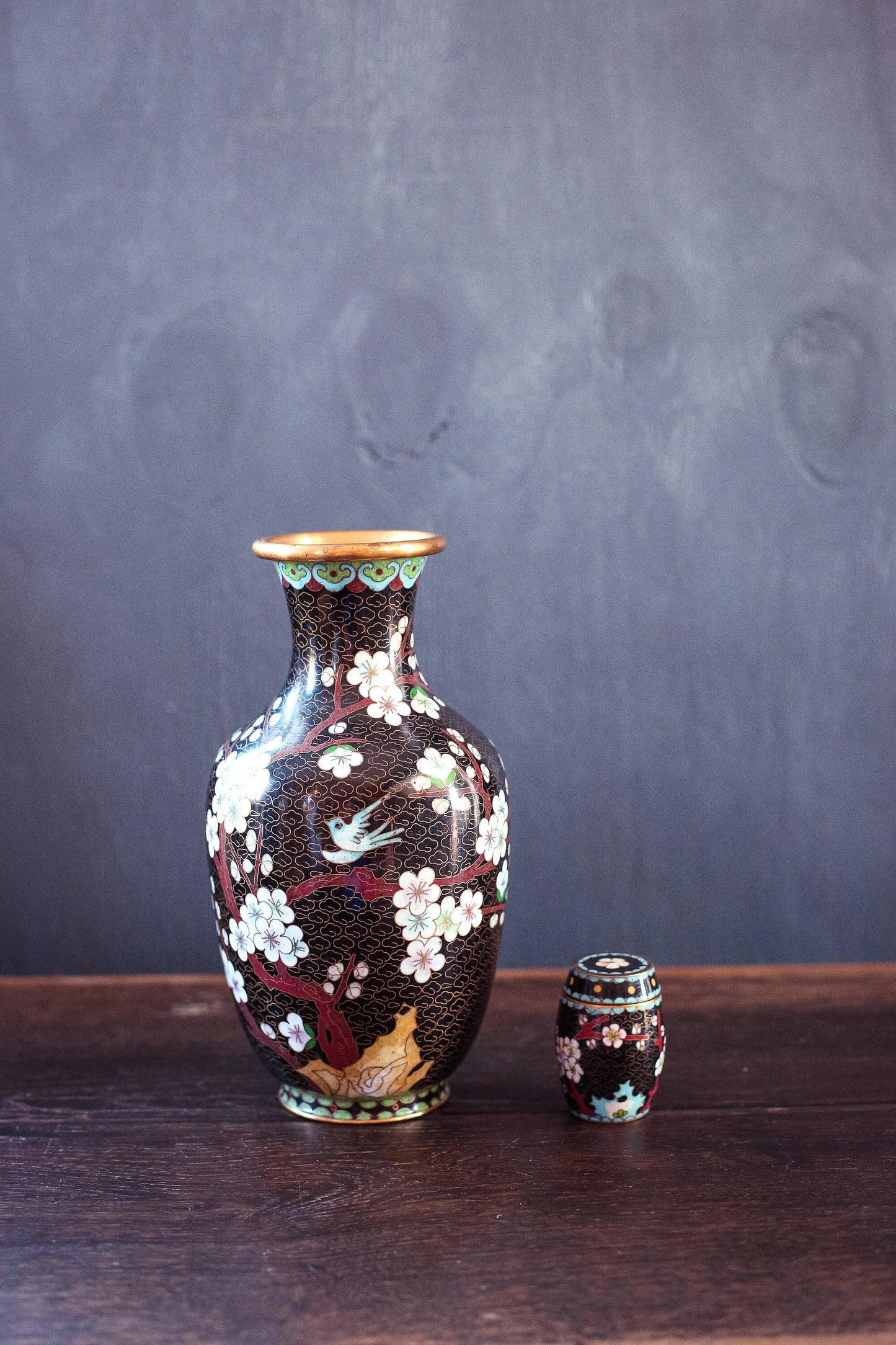 Cloisonné Vase and Match Holder - Vintage Colorful Floral Chinese Cloisonné