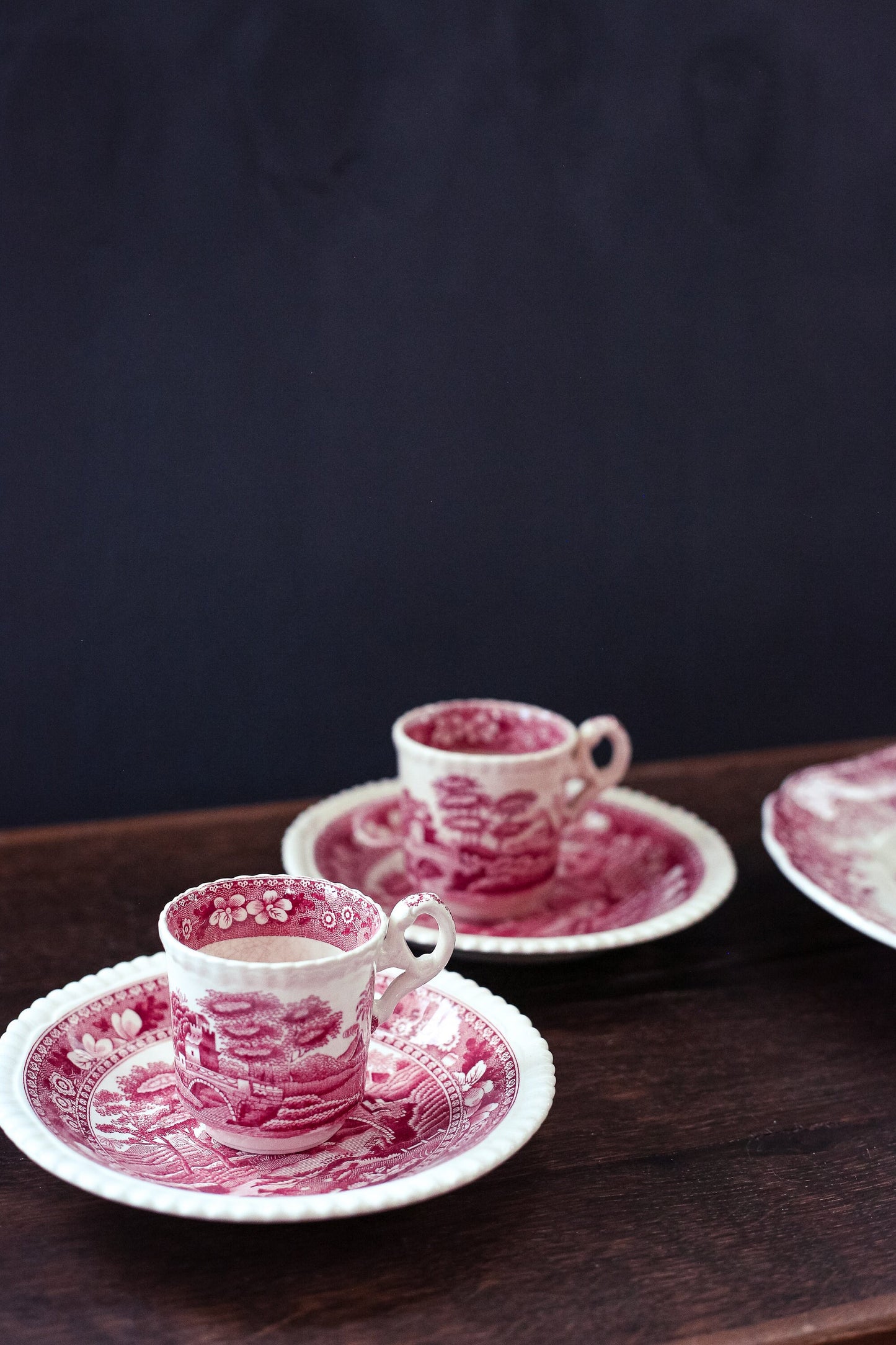 Pair of Copeland Spode Flat Demitasse Cups & Saucers - Vintage Spode England Pink Tower Toleware Tea set Old Mark