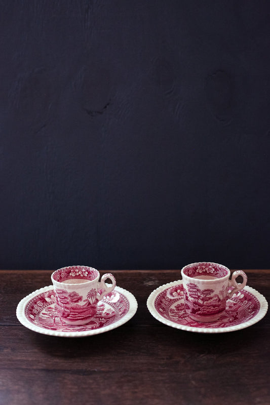 Pair of Copeland Spode Flat Demitasse Cups & Saucers - Vintage Spode England Pink Tower Toleware Tea set Old Mark