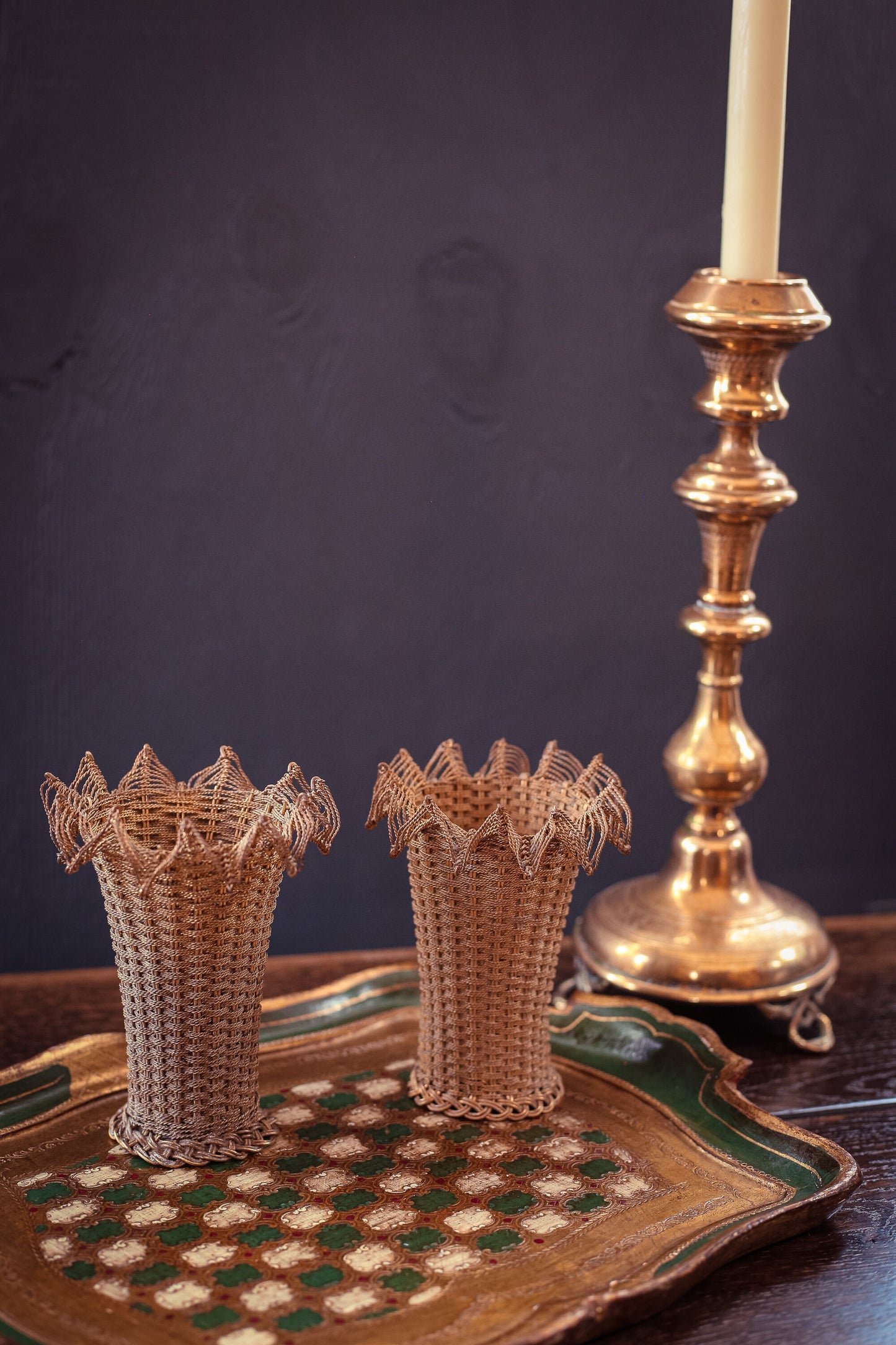 Pair of French Style Woven Brass Wire Basket Vases - Vintage Brass Wire Vases set of 2