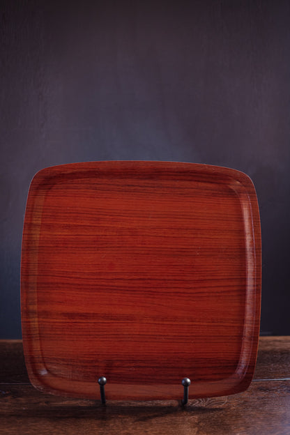 Midcentury Teak Veneer Bentwood Tray - Vintage Rounded Square Teak Serving Tray