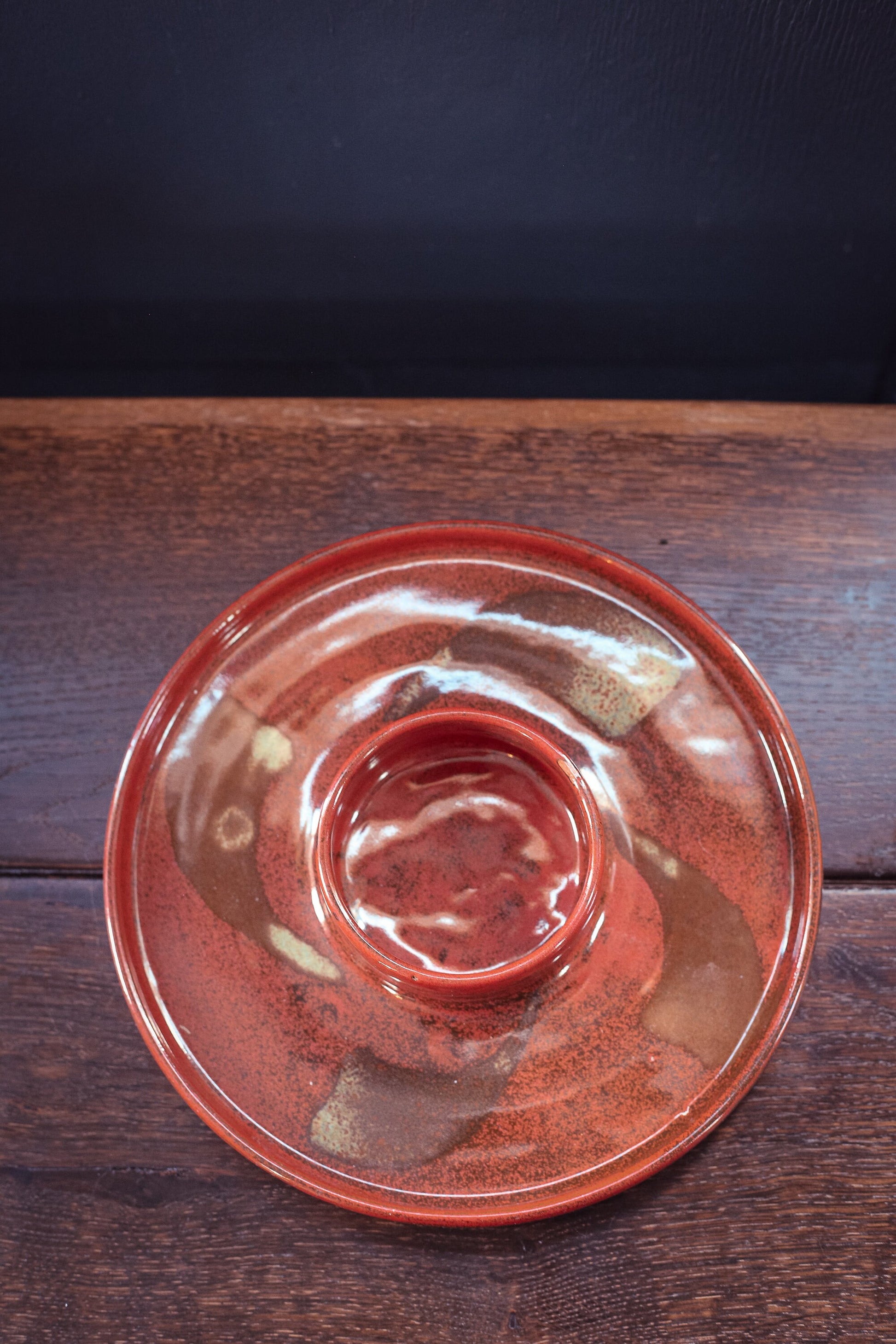 Ceramic Chip and Dip Serving Tray - Vintage Orange/Red Signed Studio Ceramic Server