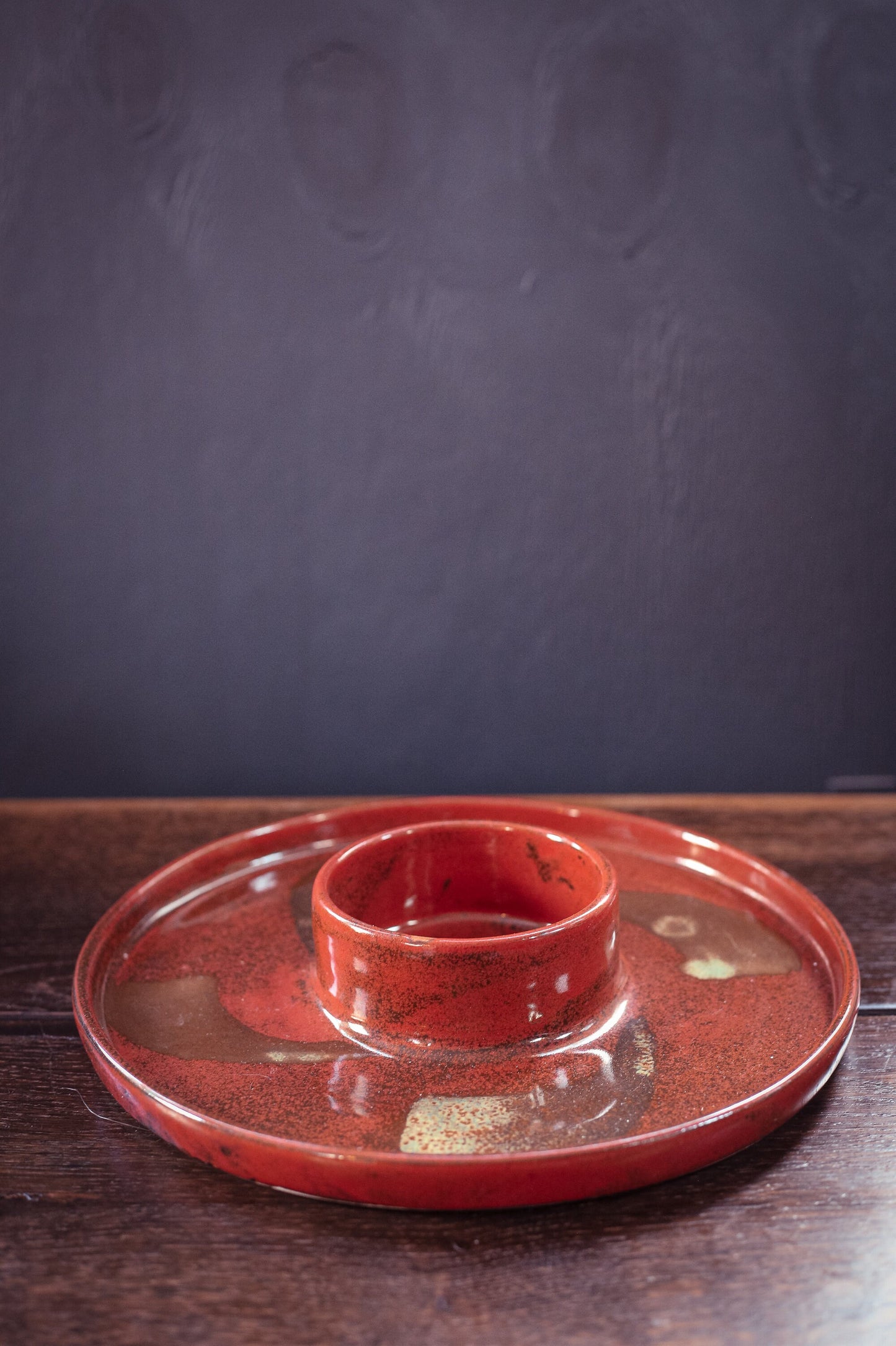 Ceramic Chip and Dip Serving Tray - Vintage Orange/Red Signed Studio Ceramic Server