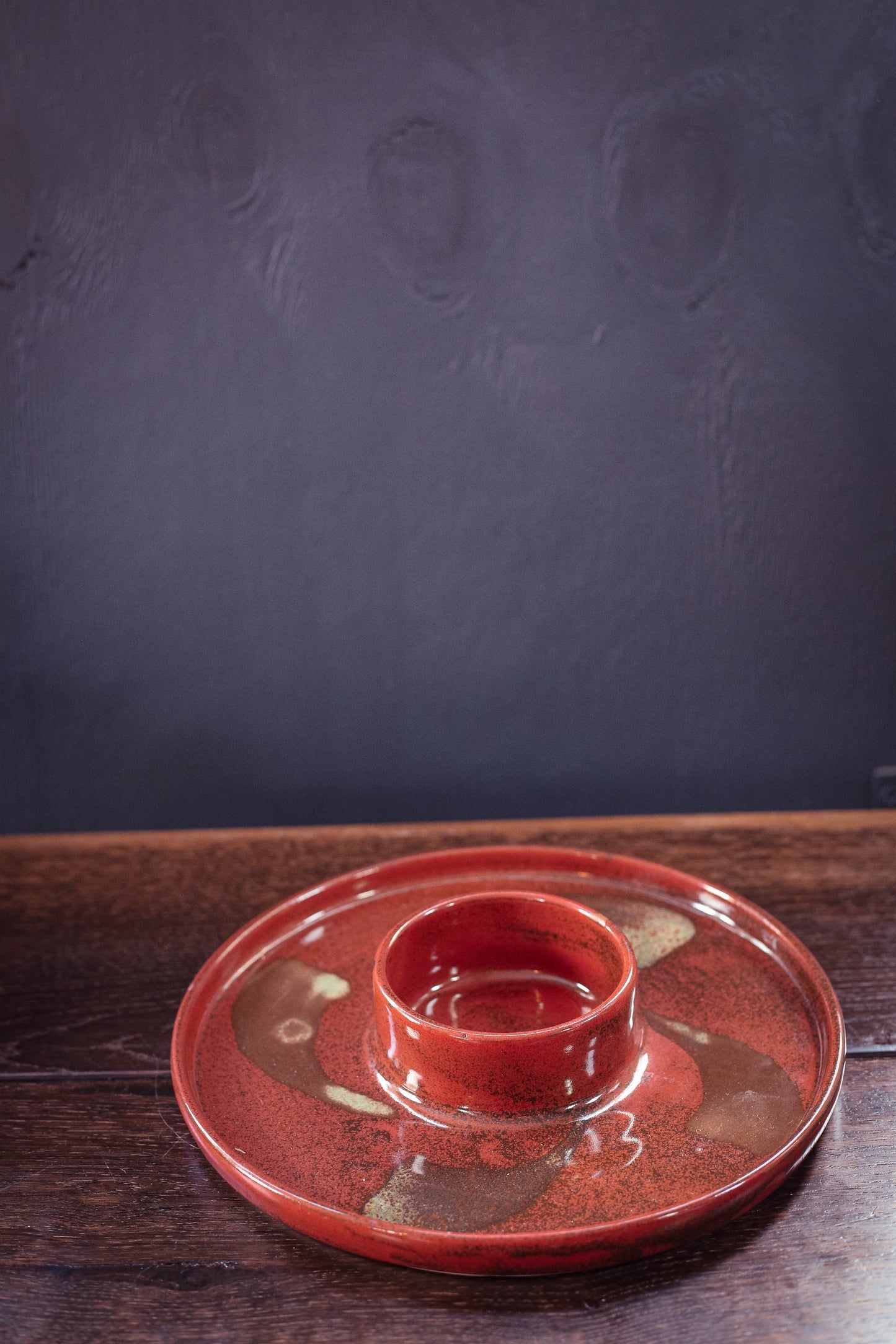 Ceramic Chip and Dip Serving Tray - Vintage Orange/Red Signed Studio Ceramic Server