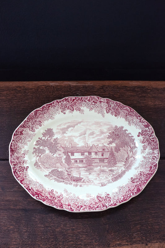 Red Toleware Platter - Antique Red Transferprint Ironstone Platter