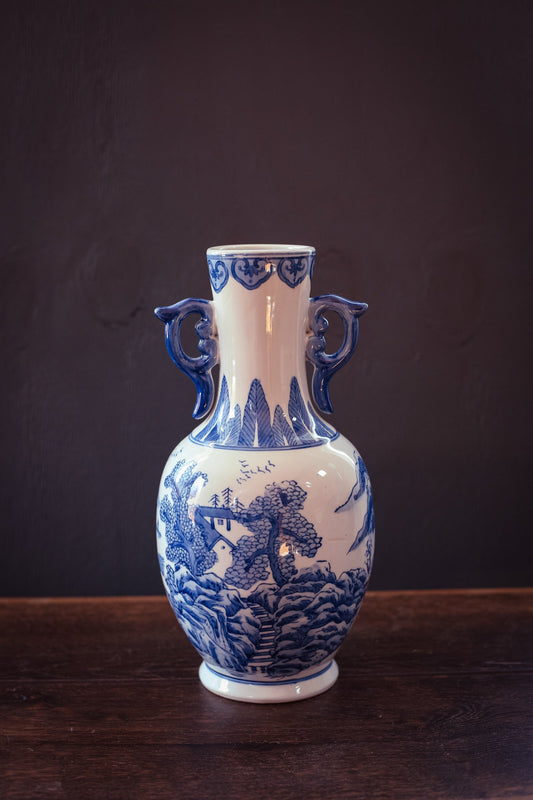 Tall Blue White Scenic Porcelain Vase with Handles - Vintage Chinese Hand Painted Scenic Vase