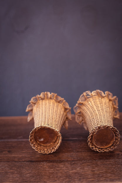 Pair of French Style Woven Brass Wire Basket Vases - Vintage Brass Wire Vases set of 2