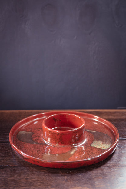 Ceramic Chip and Dip Serving Tray - Vintage Orange/Red Signed Studio Ceramic Server