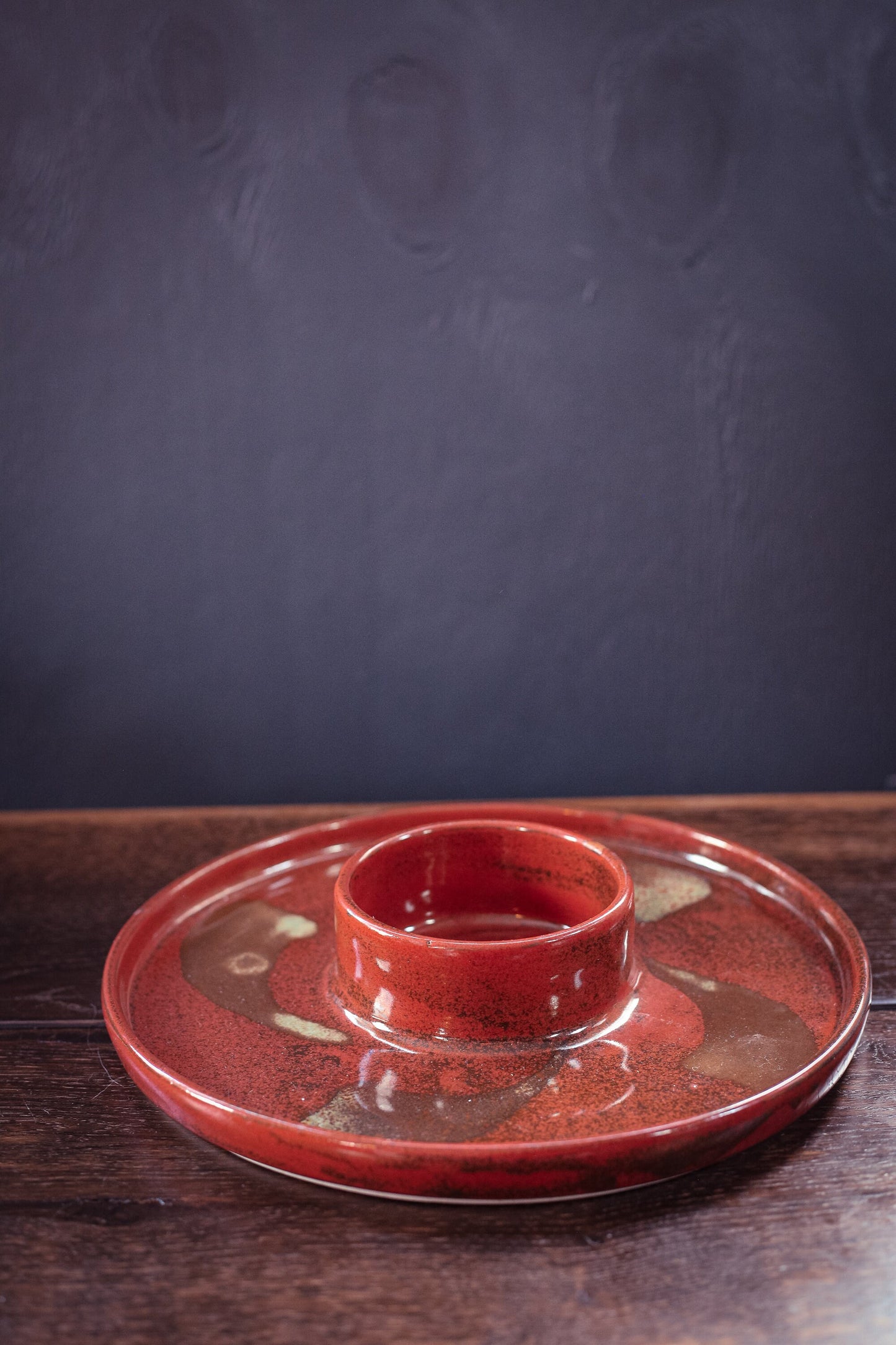 Ceramic Chip and Dip Serving Tray - Vintage Orange/Red Signed Studio Ceramic Server