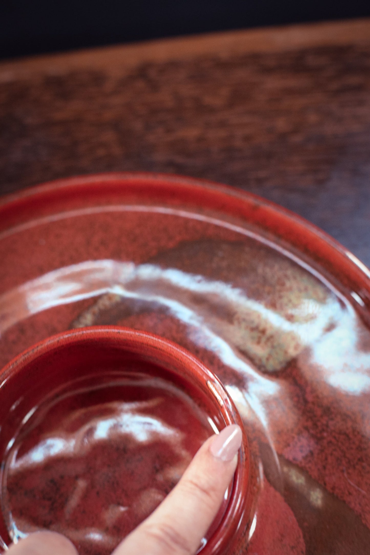 Ceramic Chip and Dip Serving Tray - Vintage Orange/Red Signed Studio Ceramic Server