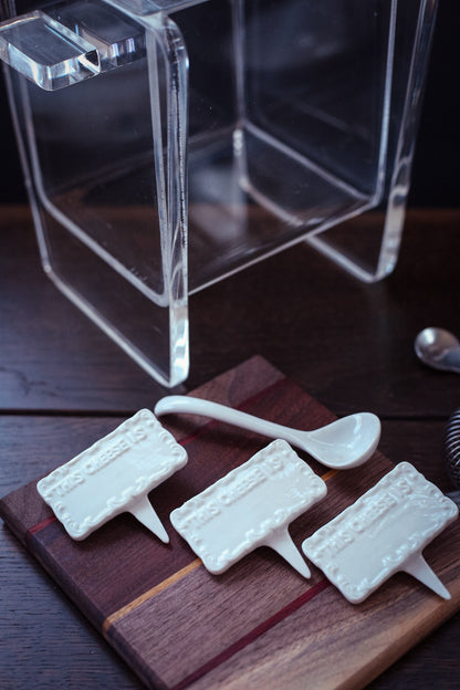 White Porcelain Cheese Markers & Spoon - Vintage Porcelain Cheeseboard Accessories