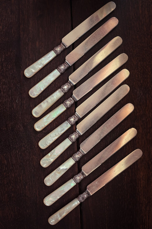 Set of 9 Mother of Pearl Handles Knives - Vintage Webb C Hall Cleveland MOP Silver Handle Knife Set