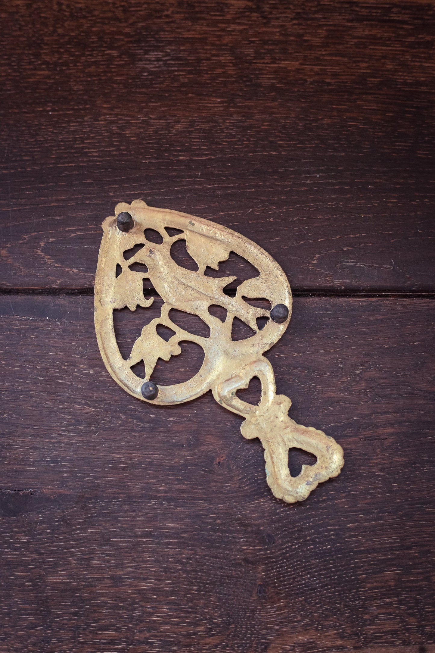 Brass Heart Shaped Trivet with Bird Handle - Vintage Brass Trivet Made in Japan