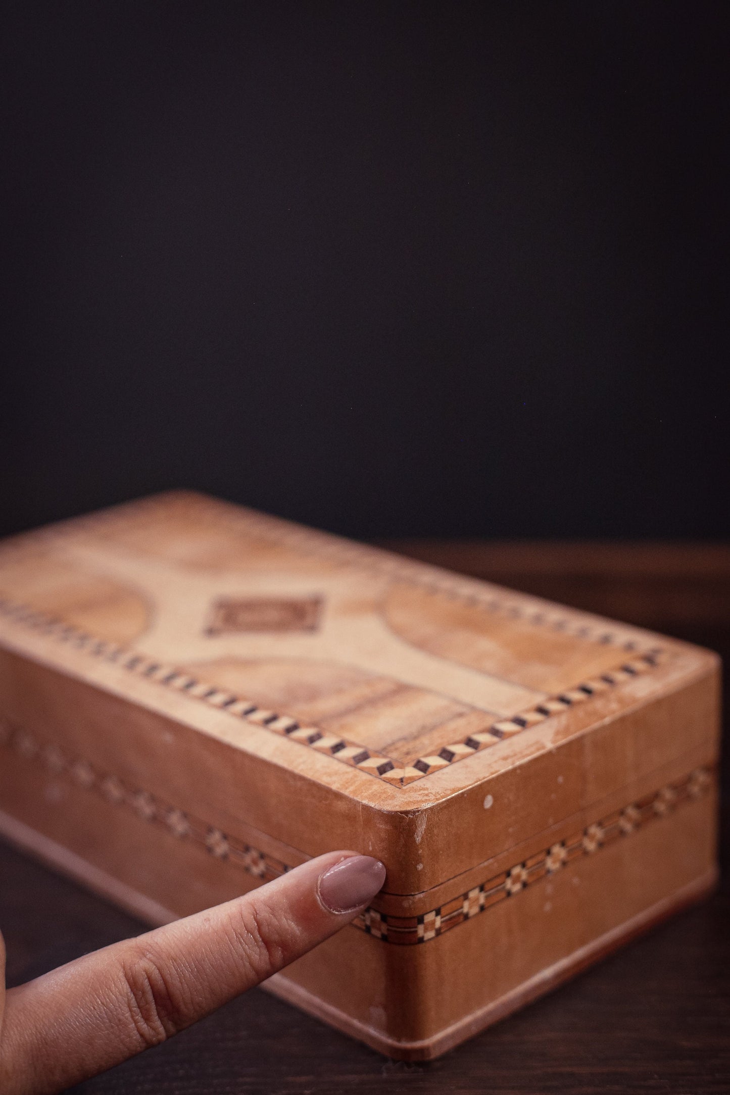 Wood Marquetry Jewelry Box - Vintage Wooden Trinket Box with Wood Inlay Details