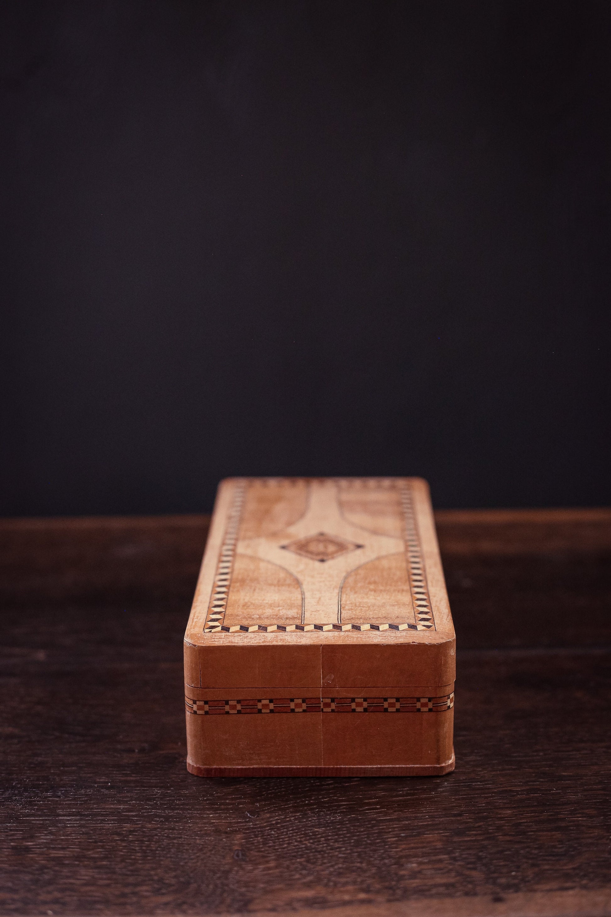 Wood Marquetry Jewelry Box - Vintage Wooden Trinket Box with Wood Inlay Details