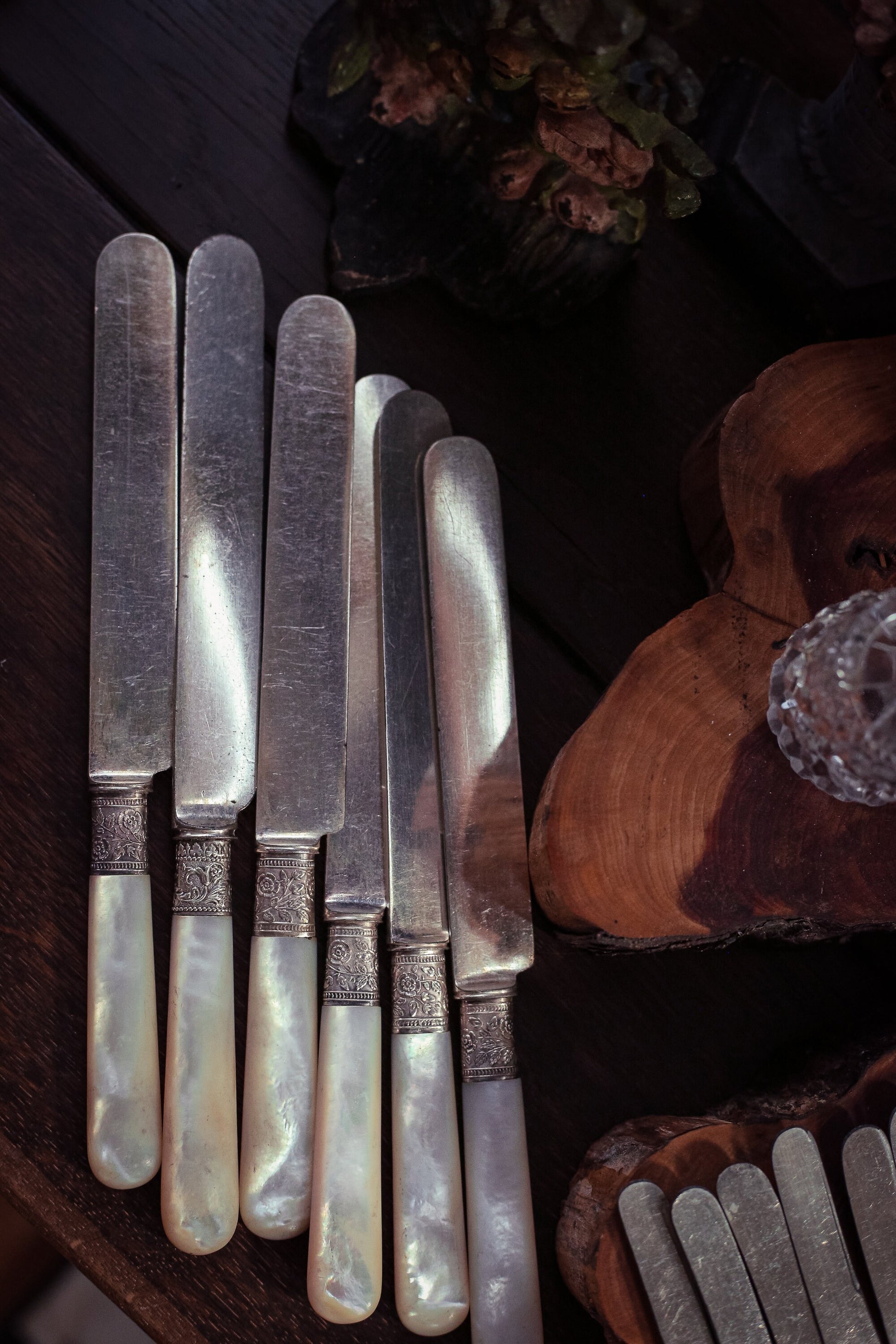 Set of 6 Silver Mother of Pearl Butter Knives - Vintage MOP Silver Fruit Knives