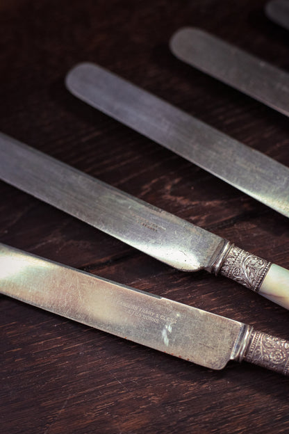 Set of 6 Silver Mother of Pearl Butter Knives - Vintage MOP Silver Fruit Knives