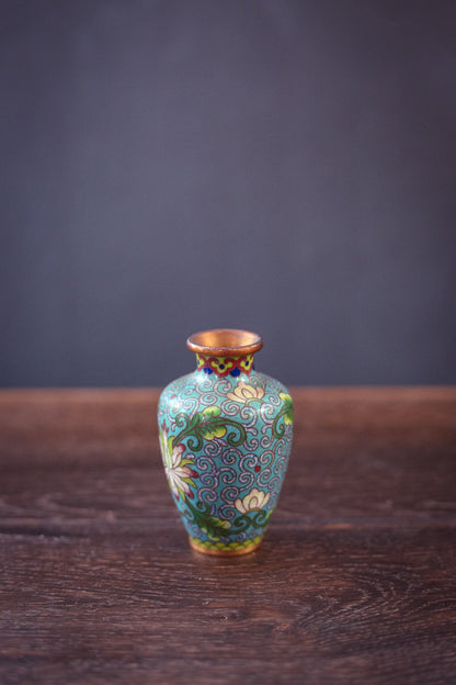 Small Blue and Pastel Cloisonné Vase with Lotus - Vintage Brass Enamel Lotus Vase