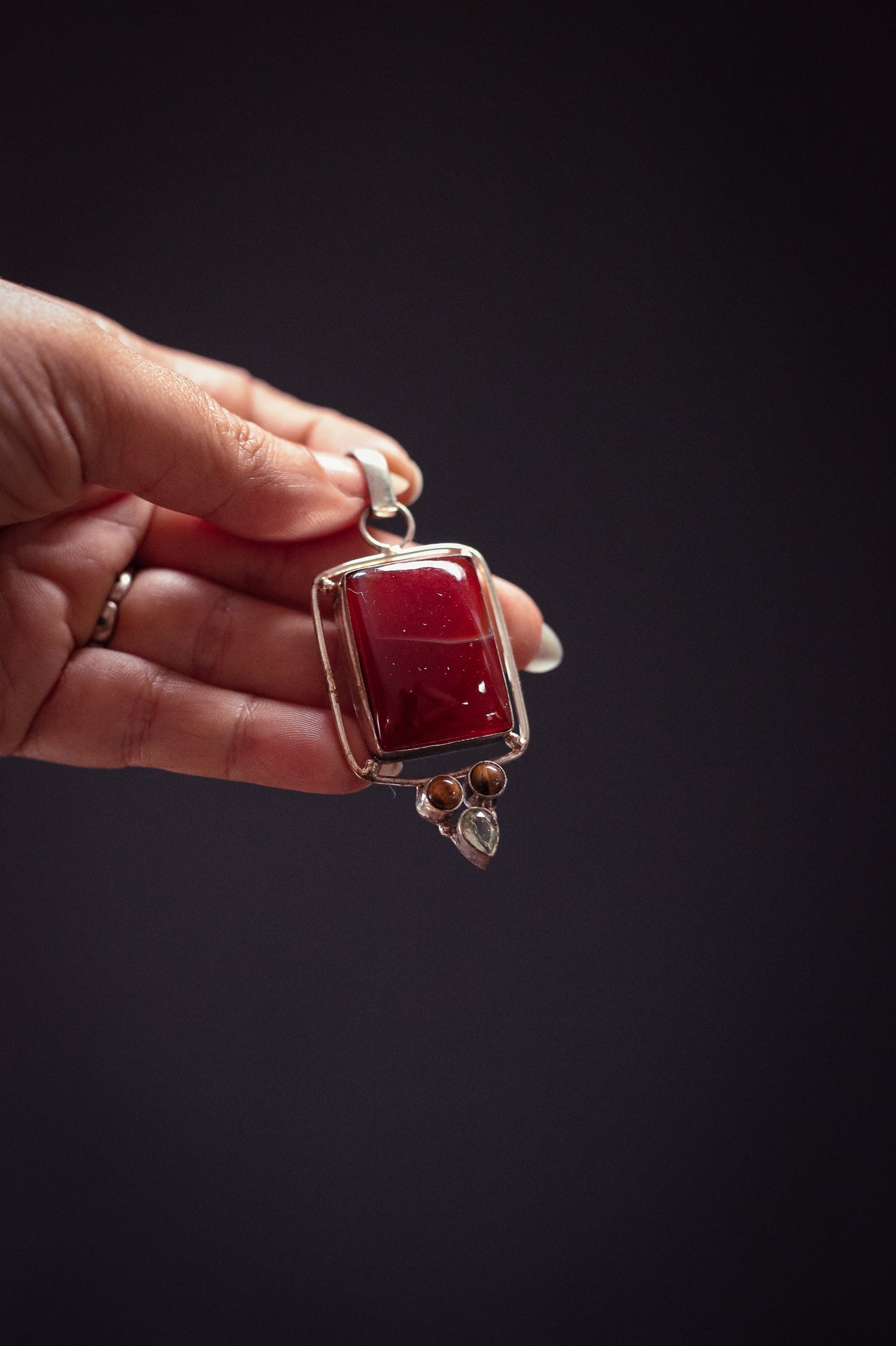 Sterling Silver Carnelian Pendant with Peridot & Tigers Eye - Vintage Carnelian Rectangular Cabochon Pendant