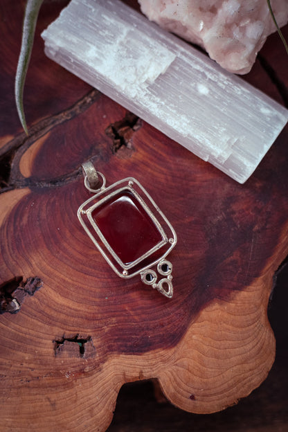 Sterling Silver Carnelian Pendant with Peridot & Tigers Eye - Vintage Carnelian Rectangular Cabochon Pendant