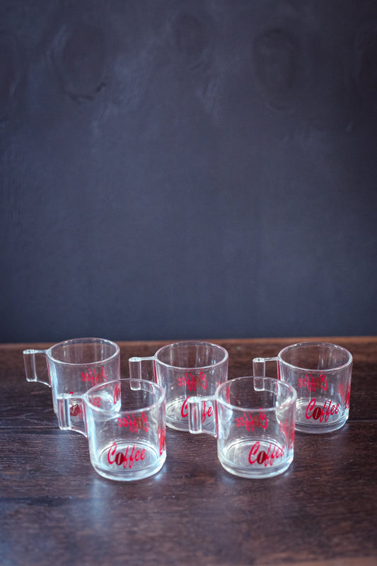 Italian Glass Espresso Cups with Coffee in Red Font set of 5 - Vintage Espresso Cup Set