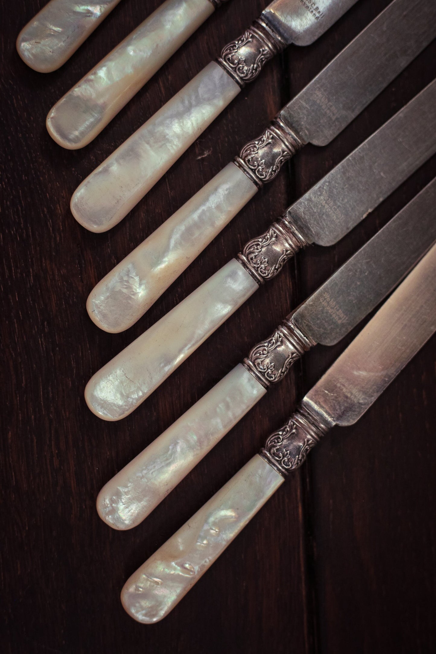 Set of 9 Mother of Pearl Handles Knives - Vintage Webb C Hall Cleveland MOP Silver Handle Knife Set