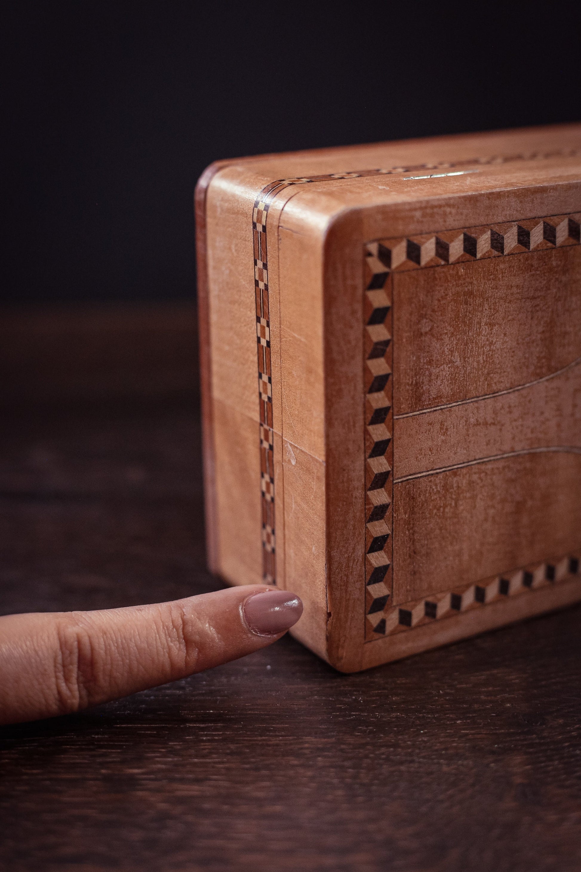 Wood Marquetry Jewelry Box - Vintage Wooden Trinket Box with Wood Inlay Details