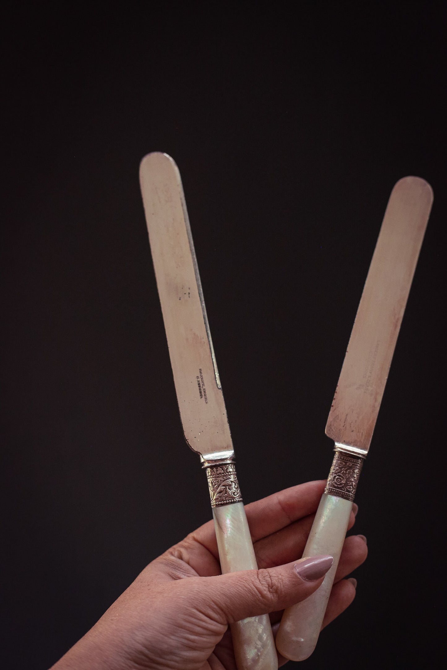 Set of 6 Silver Mother of Pearl Butter Knives - Vintage MOP Silver Fruit Knives