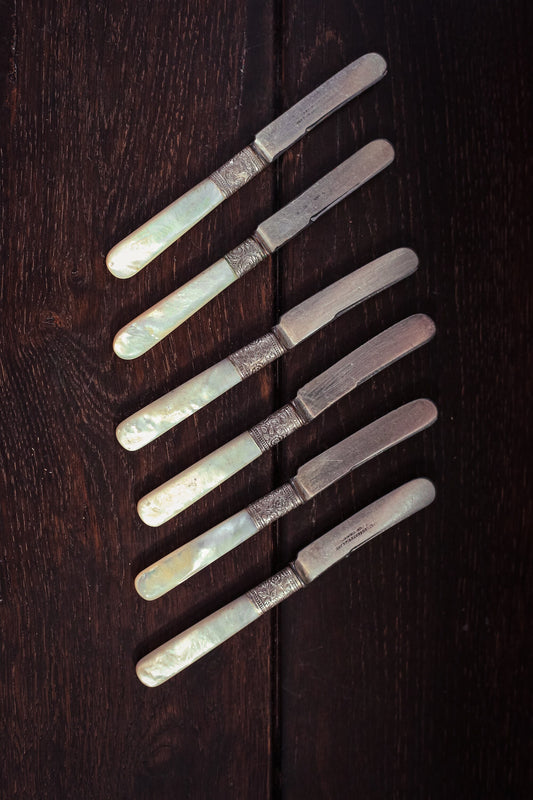 Set of 6 Small Silver Mother of Pearl Butter Knives - Vintage MOP silver handle Knife Set