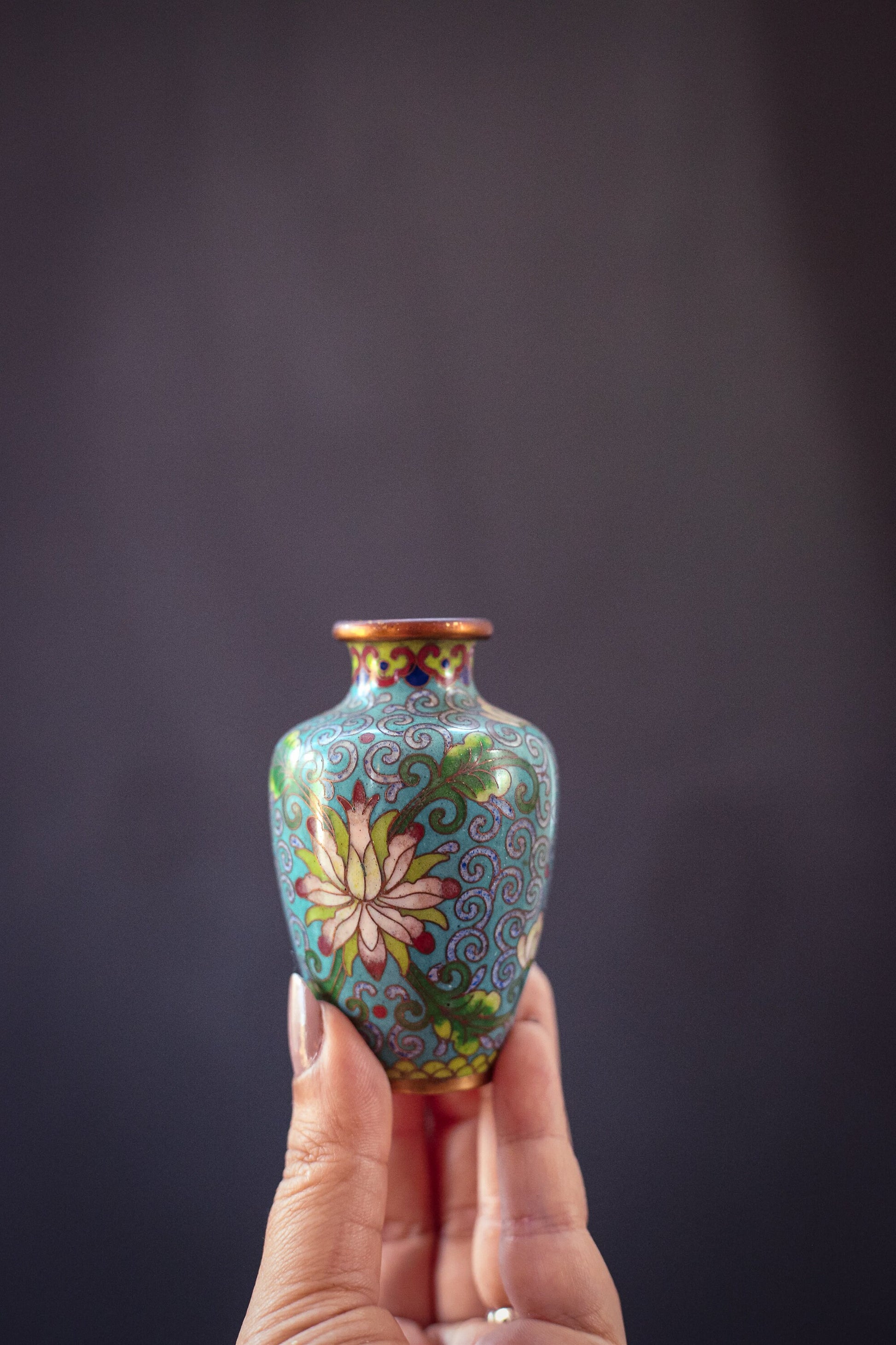 Small Blue and Pastel Cloisonné Vase with Lotus - Vintage Brass Enamel Lotus Vase