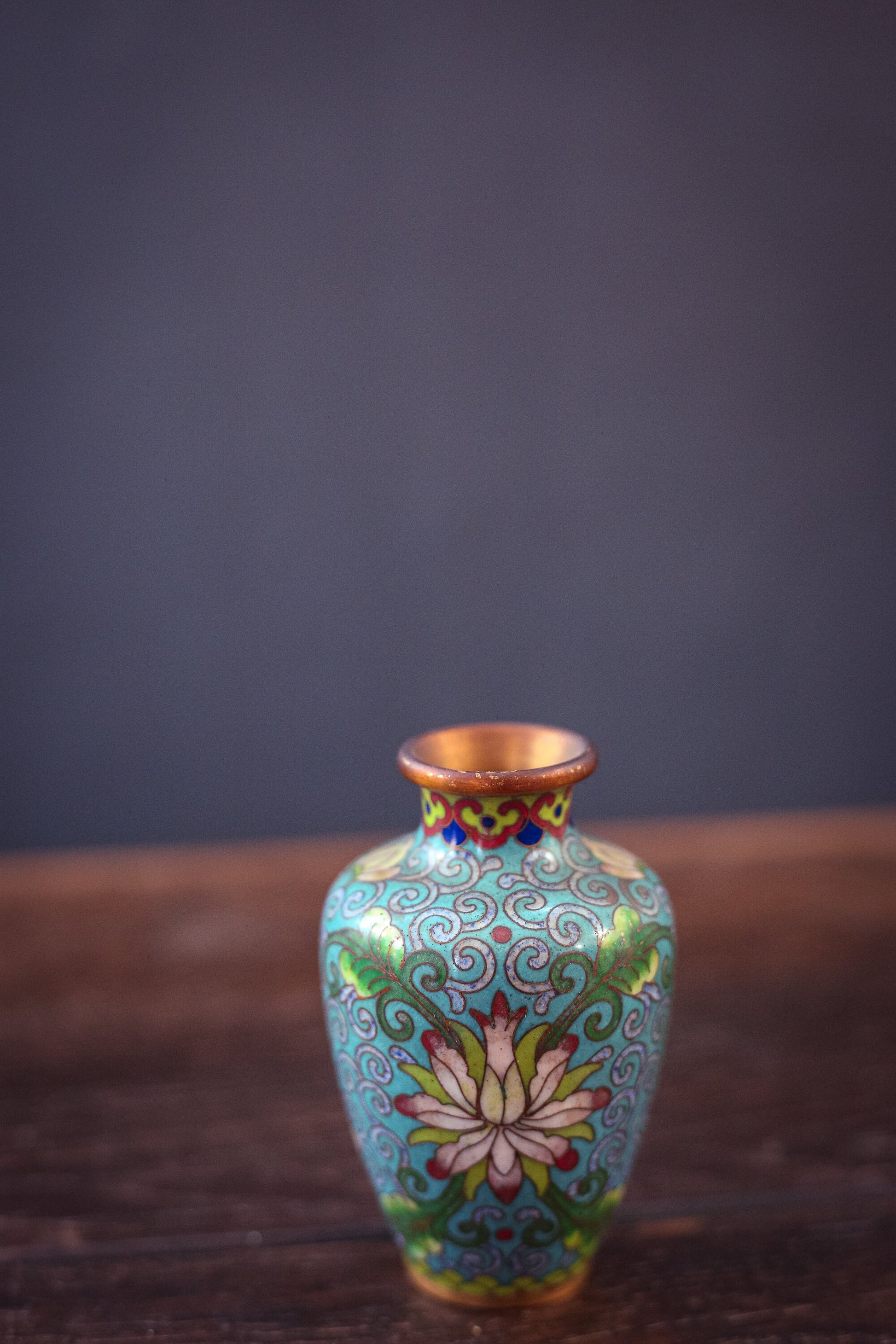 Small Blue and Pastel Cloisonné Vase with Lotus - Vintage Brass Enamel Lotus Vase