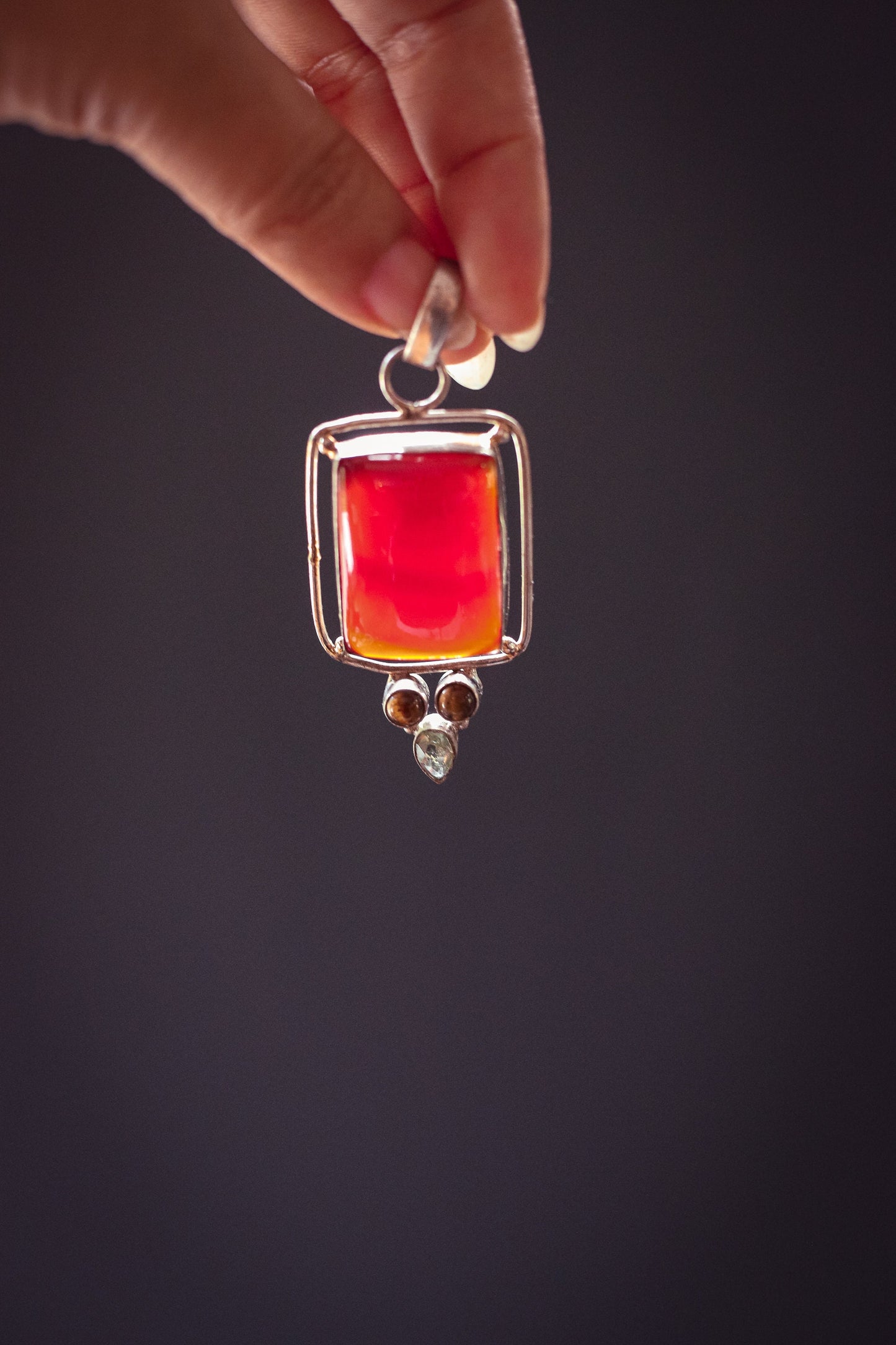 Sterling Silver Carnelian Pendant with Peridot & Tigers Eye - Vintage Carnelian Rectangular Cabochon Pendant