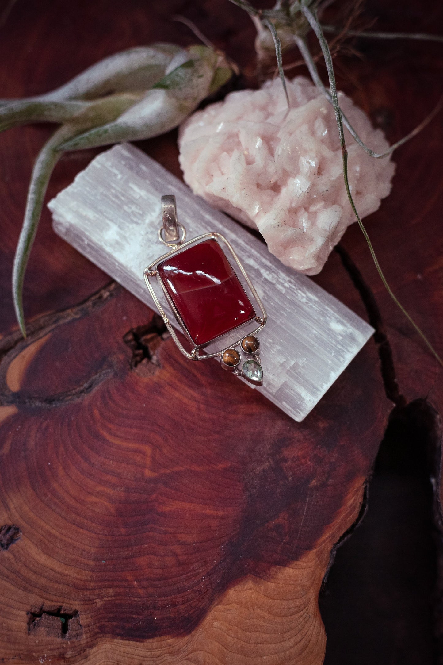 Sterling Silver Carnelian Pendant with Peridot & Tigers Eye - Vintage Carnelian Rectangular Cabochon Pendant