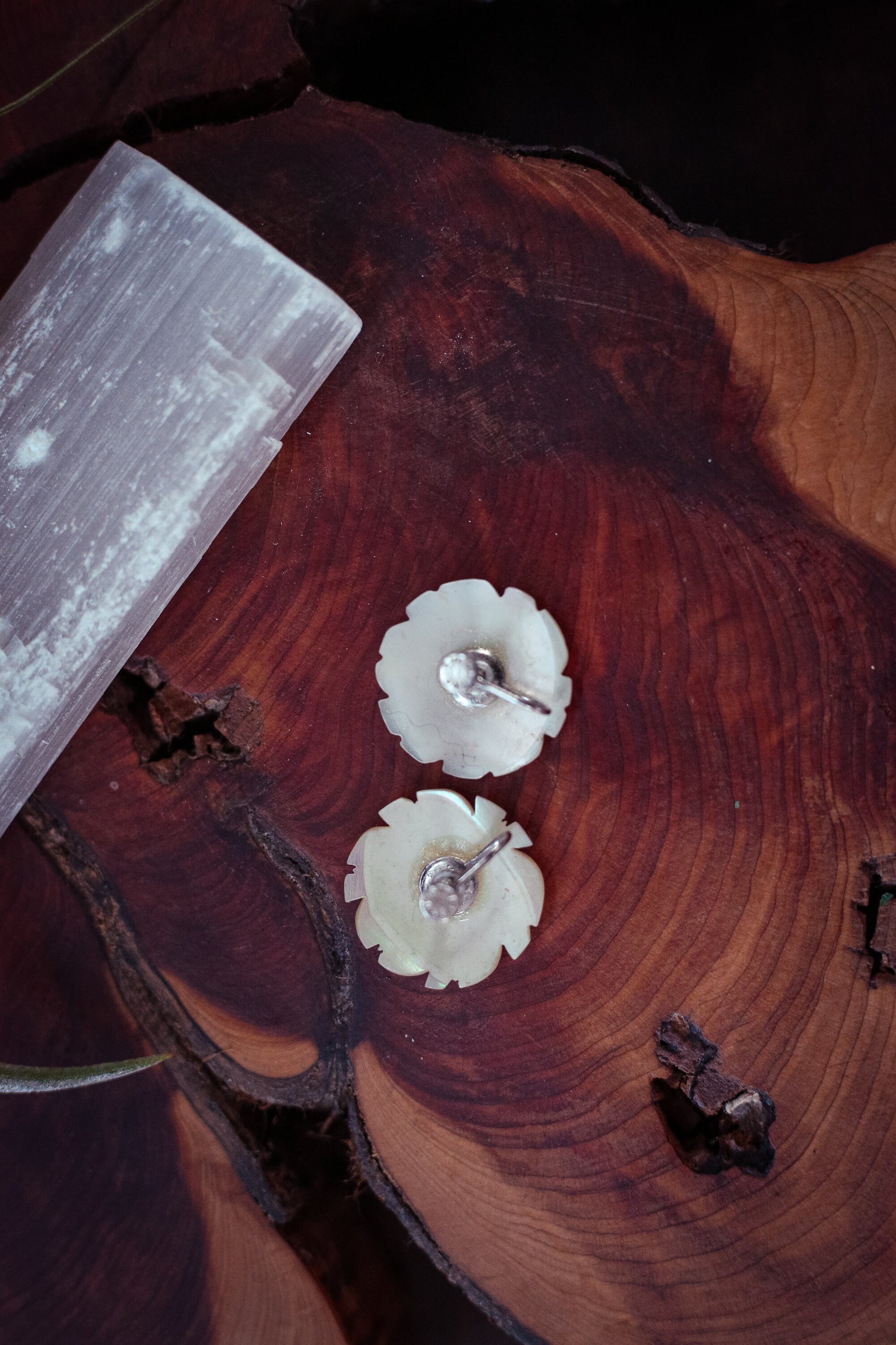 Mother of Pearl Carved Rosette Earrings - Vintage clip on MOP Flower Shaped Earrings