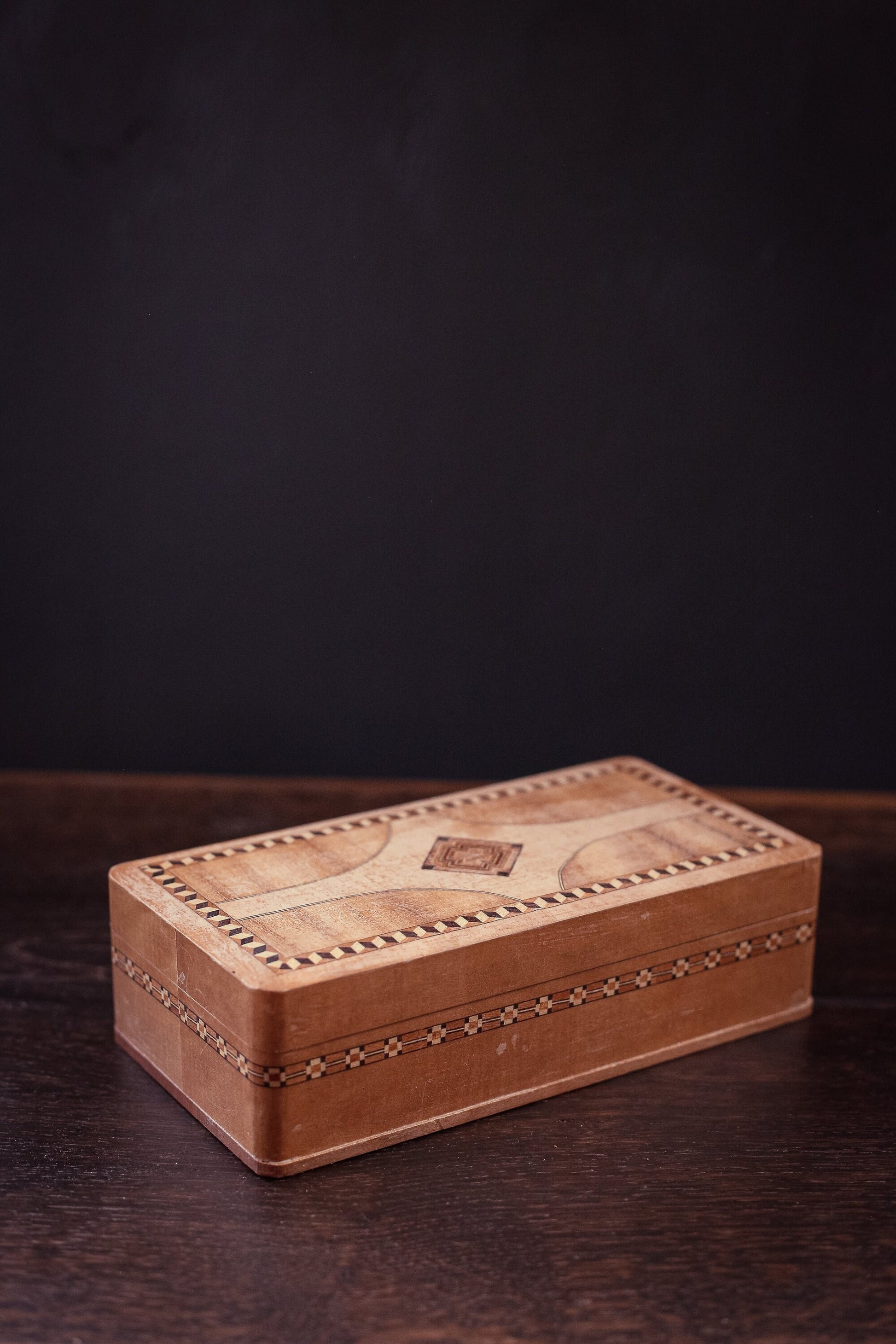 Wood Marquetry Jewelry Box - Vintage Wooden Trinket Box with Wood Inlay Details