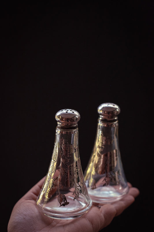 Silver Floral Filigree Foil on Glass Salt and Pepper Shaker - Vintage Glass Salt/Pepper Set